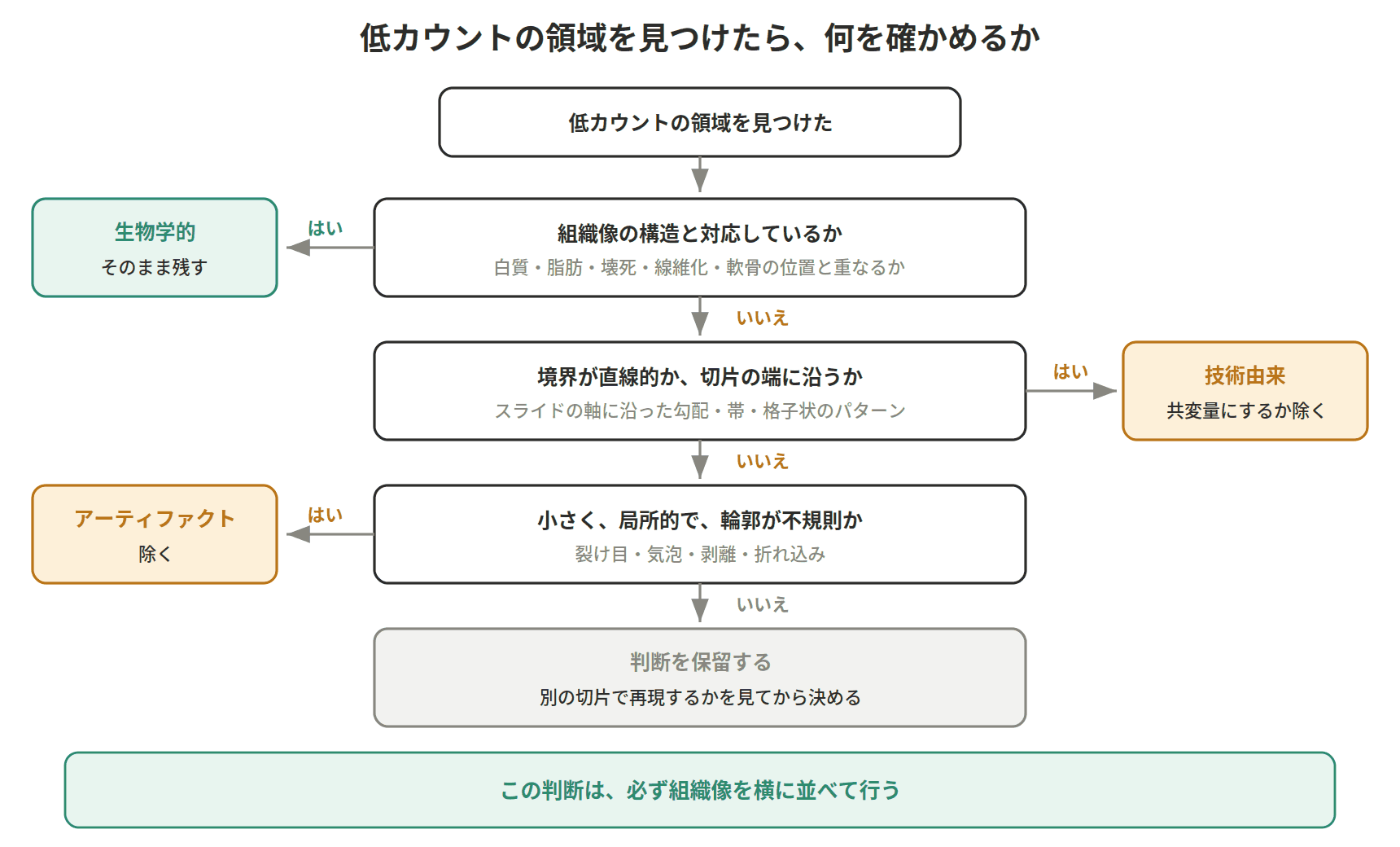図：低カウントの領域を見つけたら、何を確かめるか